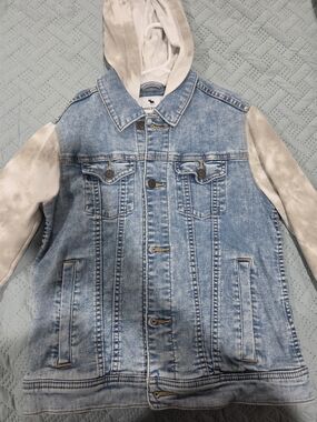 Abercrombie kids light blue denim jacket with cream hood